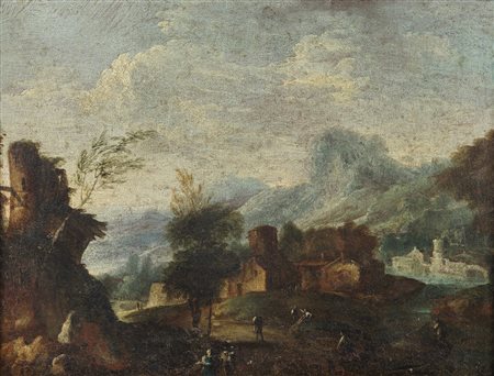 ARTISTA VENETO DEL XVII SECOLO  - Paesaggio con personaggi.