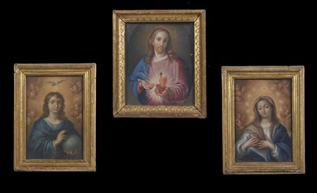  ARTISTA ROMANO DEL XVIII SECOLO - Gruppo di tre dipinti raffiguranti Madonna, Sacro Cuore di Gesù e Cristo con globo. .