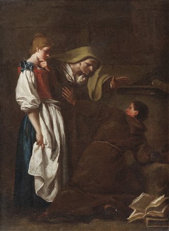 ARTISTA DEL XVII SECOLO  - Scena d'interno con frate e personaggi. .