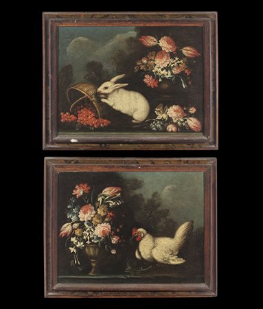 ARTISTA DEL XVIII SECOLO  - Coppia di nature morte con lepre e gallo. .
