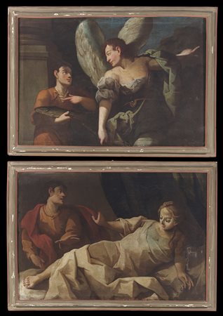 ARTISTA DEL XVIII SECOLO  - Coppia di dipinti raffiguranti Tobiolo e l'angelo e Tarquinio e Lucrezia. .