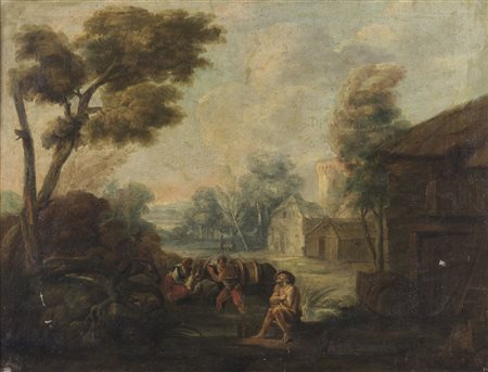 ARTISTA DEL XVII SECOLO  - Paesaggio con personaggi.