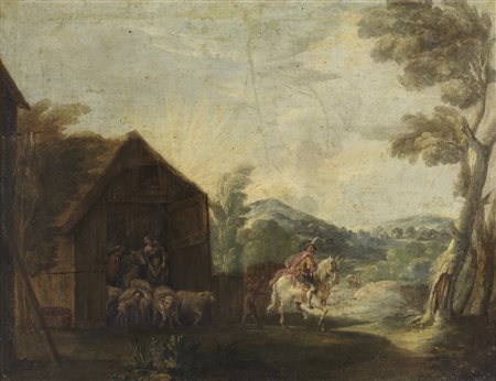 ARTISTA DEL XVII SECOLO  - Paesaggio con cavaliere e personaggi.