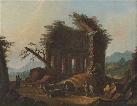 ARTISTA DEL XVIII-XIX SECOLO  - Paesaggio con le rovine del tempio di Minerva Medica.