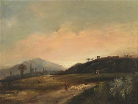ARTISTA DEL XIX SECOLO  - Paesaggio al tramonto con personaggi e armenti.