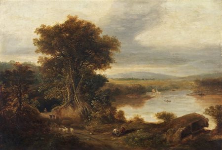 ARTISTA DEL XIX SECOLO  - Paesaggio con stagno e personaggi. .