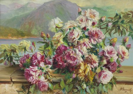 BARZANTI LICINIO (1857 - 1944) - Paesaggio lagunare con fiori. .