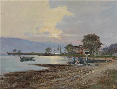 VERNI ARTURO (1891 - 1960) - Paesaggio lacustre con personaggi. .