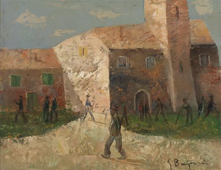 BERGOMI GIACOMO (1923 - 2003) - Paesaggio con personaggi.