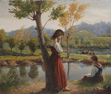 FABBI FABIO (1861 - 1946) - Paesaggio con pastorelle e animali.