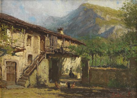 ARTISTA DEL XIX-XX SECOLO  - Paesaggio con cascina e contadino. .