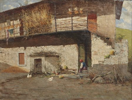 ARTISTA DEL XIX-XX SECOLO  - Cascinale con contadina e animali. .