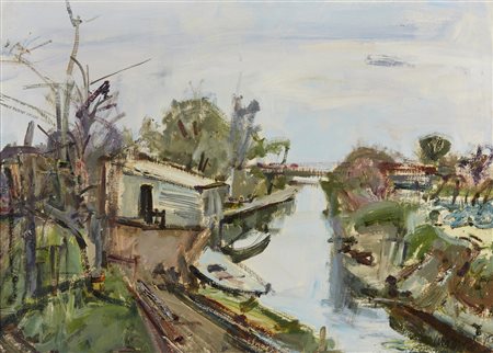 MORI NENO (1899 - 1968) - Paesaggio fluviale con barca.