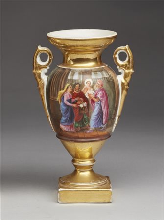 MANIFATTURA DEL XIX SECOLO  - Vasetto in porcellana policroma e parzialmente dorata con scena sacra e paesaggio.