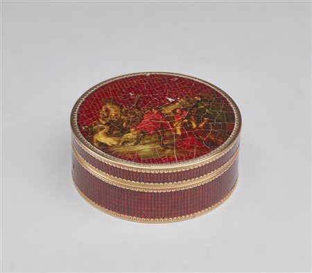 MANIFATTURA FRANCESE DEL XVIII-XIX SECOLO  - Tabacchiera probabilmente in guttaperca dipinta, bordo in metallo dorato.
