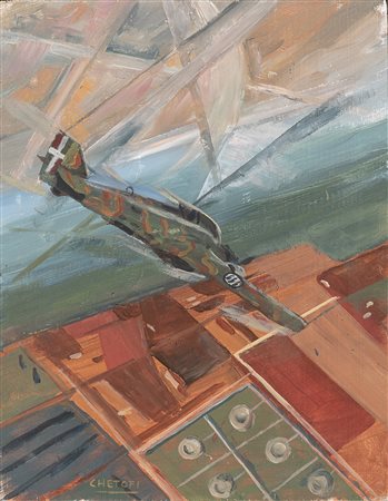 GIOVANNI CHETOFI, Aereopittura con aereo Savoia Marchetti, 1942 circa