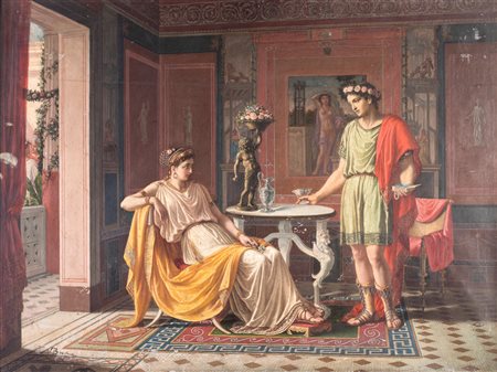 Pittore Neoclassico Interno pompeiano olio su tela cm 75x100 (in cornice: cm...