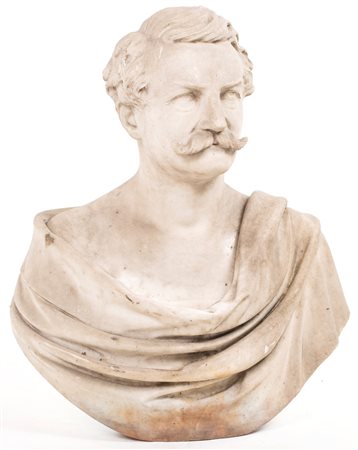 Busto in marmo bianco, XIX secolo raffigurante gentiluomo togato con baffi cm...