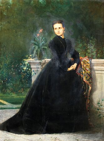 Pittore del XIX secolo Ritratto di giovane donna in un giardino olio su tela...