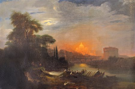 Pittore degli inizi del XIX secolo Veduta di Roma e tramonto sulla Basilica...