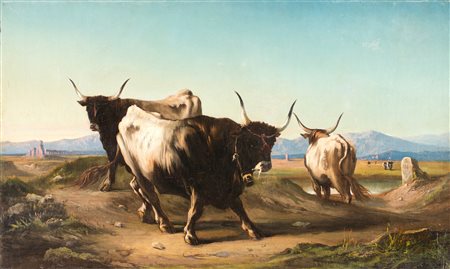 Pittore del XIX secolo Buoi nella campagna romana olio su tela cm 59x97 Senza...
