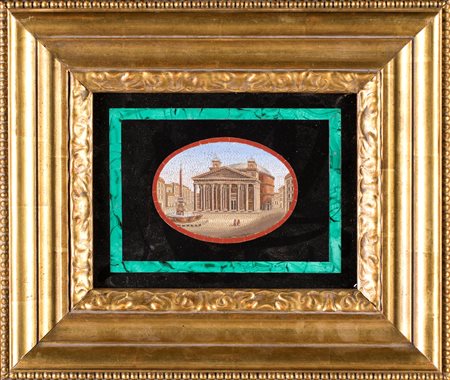 Placca musiva in marmo, Roma, XIX secolo con veduta di Piazza della Rotonda...