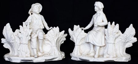 Coppia di fioriere da tavola in biscuit, XX secolo con contenitore bipartito,...