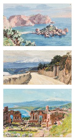 Pittore del XIX/XX secolo Paesaggi siciliani olio su cartone (2) e su cartone...