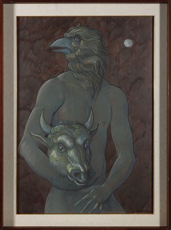 ABATE ALBERTO (n. 1946) - Uomo con testa di aquila con testa di toro in mano.