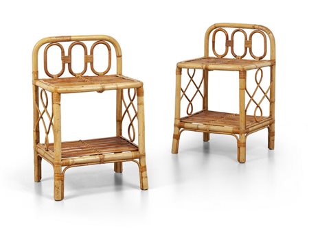 DUE COMODINI, anni "60. <br>Malacca, bambù e 