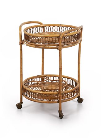 UN CARRELLO-BAR, anni "60. <br>Bambù, giunco. 