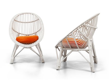 DUE POLTRONCINE, anni "60. <br>Malacca, giunco e 