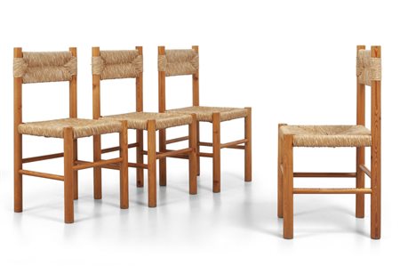 QUATTRO SEDIE, anni "60. <br>Legno di larice, 