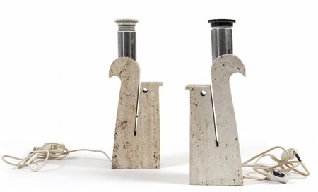 DUE LAMPADE DA TAVOLO, anni "70. <br>Travertino, 