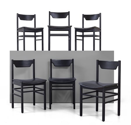 SEI SEDIE, anni "70. <br>Legno laccato, sedili 