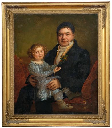 Ritratto di gentiluomo con bambina in grembo Scuola del XIX secolo in cornice...