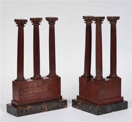 Due modelli architettonici del tempio di Giove Tonante a Roma. Marmo rosso...