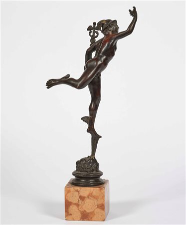 Mercurio del Giambologna in bronzo patinato. Fonditore del XIX secolo Montata...