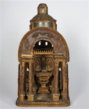 Interno di chiesa barocca. Modellino in papier machè dipinto e dorato. XVIII...