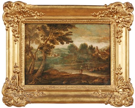 Paesaggi fluviali con contadini e villaggi sullo sfondo Scuola del XVIII...