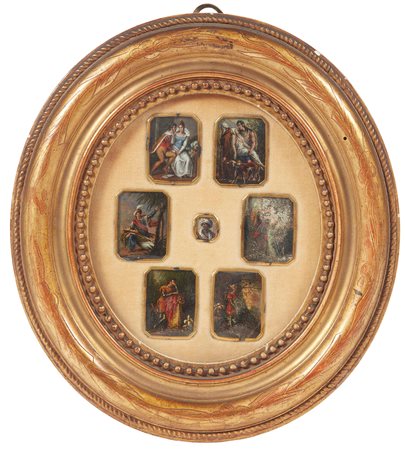 Gruppo di sette miniature. XIX secolo Entro cornice ovale in legno dorato, cm...