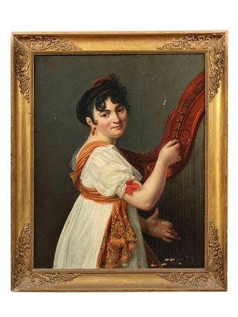 Suonatrice d’arpa Pittore neoclassico dell'inizio XIX secolo olio su tela, cm...