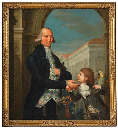 Ritratto di nobiluomo con fanciullo e pappagallo Scuola del XVIII secolo in...