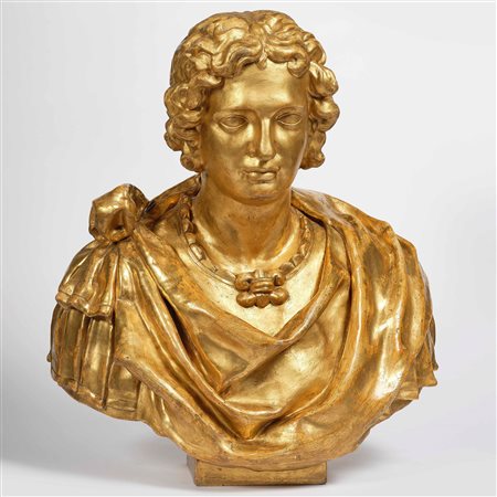 Coppia di busti virili. Cartapesta dorata. Arte barocca del XVII-XVIII secolo...