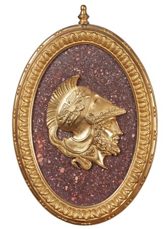 Coppia di cammei (Marte e Venere) in bronzo dorato. XIX secolo cornice ovale...