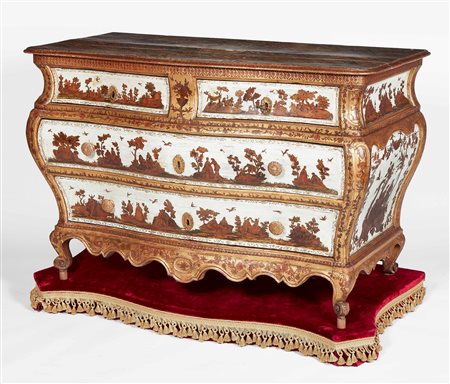 Importante commode di forma bombata in legno laccato, decorato ad "arte...
