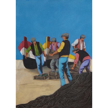 GIUSEPPE UZZACO, Pescatori, Olio su tela