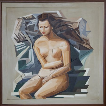 TECLA IRACI, Nudo seduto, Olio e applicazioni lignee