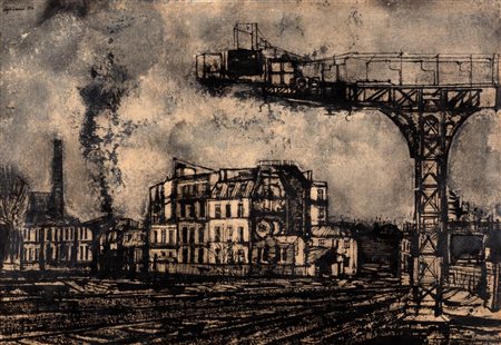 Renzo Vespignani (Roma  1924-2001)  - Periferia con fabbrica, 1950