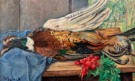 Carlo Socrate (Mezzanabigli  1889-Roma  1967)  - Natura morta con fagiano e rapanelli, 1966